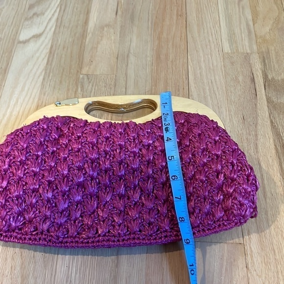 VTG Raffia Crochet Clutch Wood Handbag Japan Sears Pink Boho Retro Barbie Purse - Picture 11 of 12